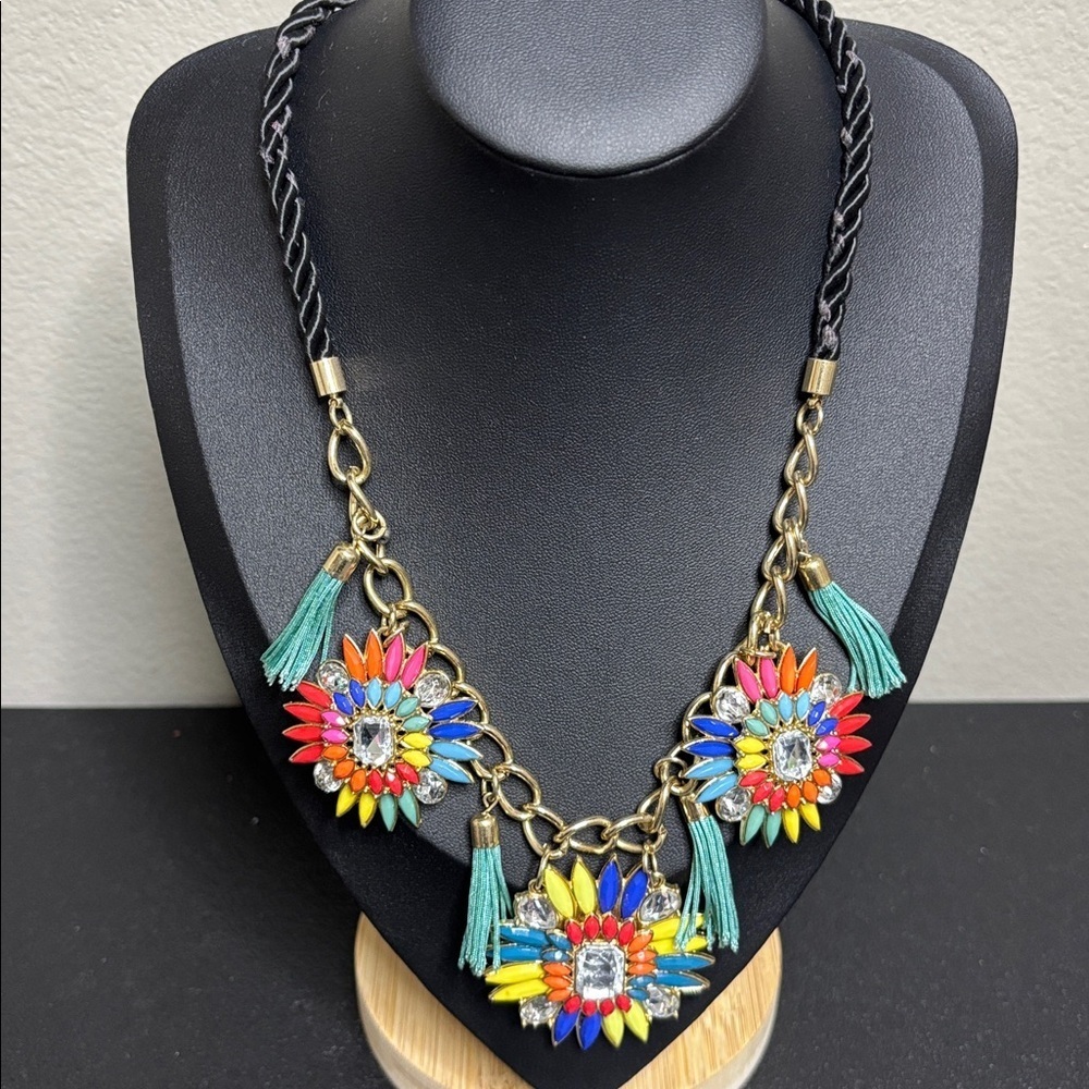 Multicolor Acrylic Chunky Statement Tassel Boho Cord Necklace Colorful